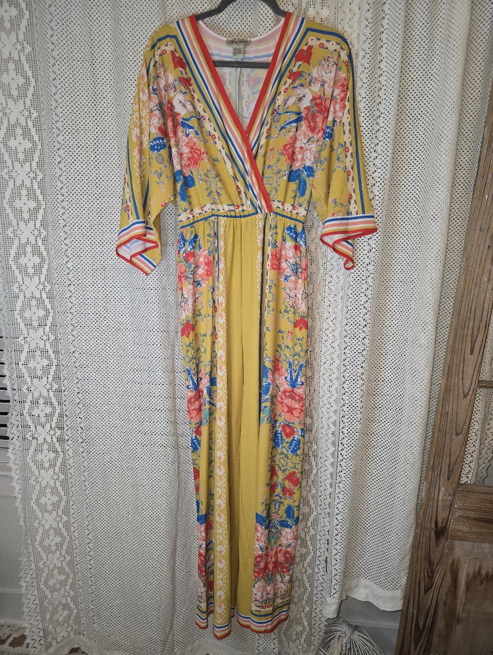 Flying Tomato Boho Mustard Yellow Floral Print Wide Leg Jumpsuit, Womens Small